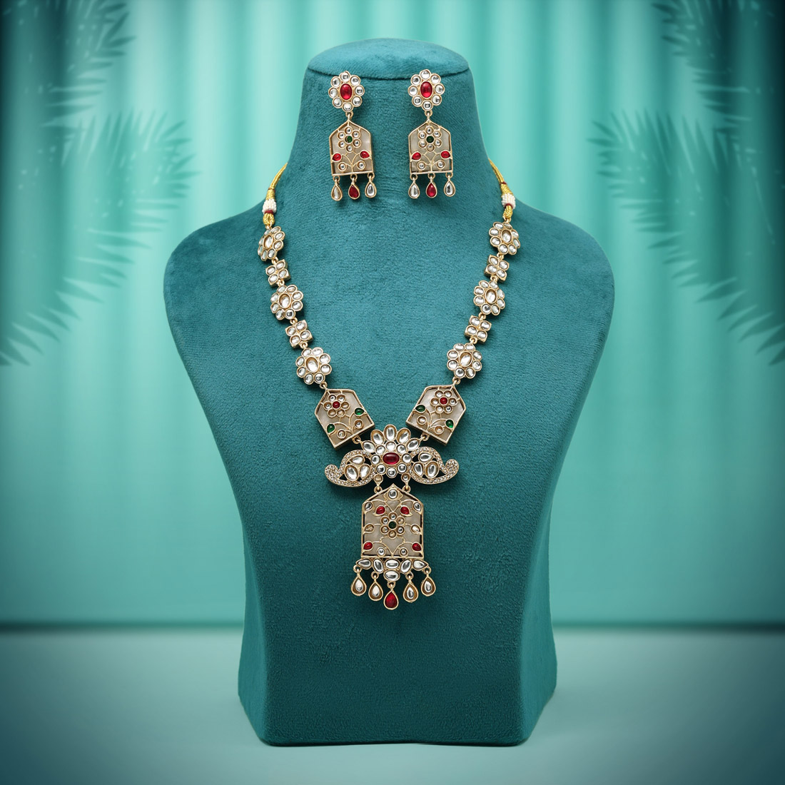 Rani & Green Color Matte Gold Rajwadi Temple Necklace Set