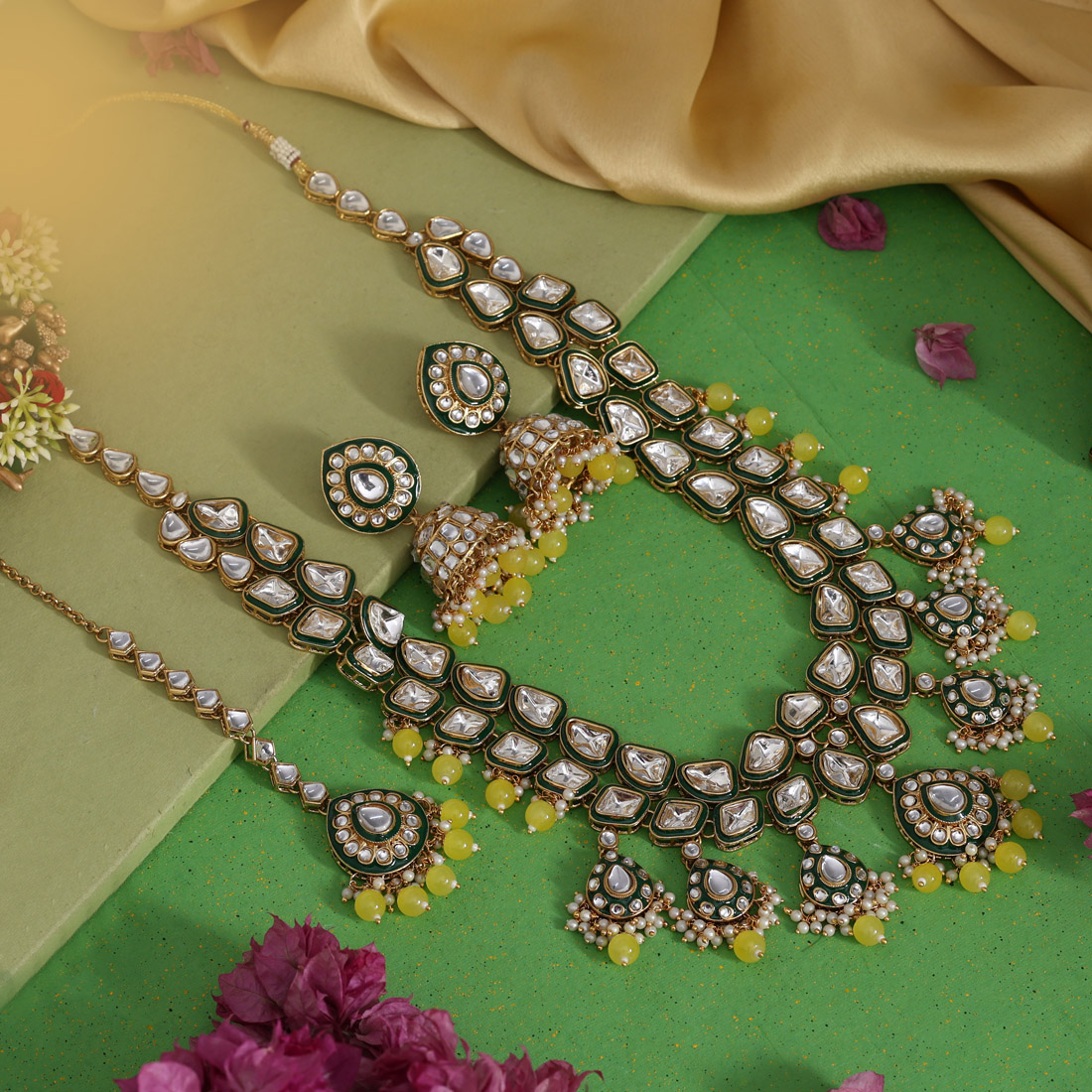 Yellow Color Meena Work Kundan Necklace Set