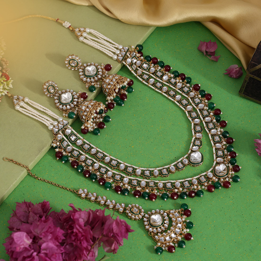 Maroon & Green Color Meena Work Kundan Necklace Set