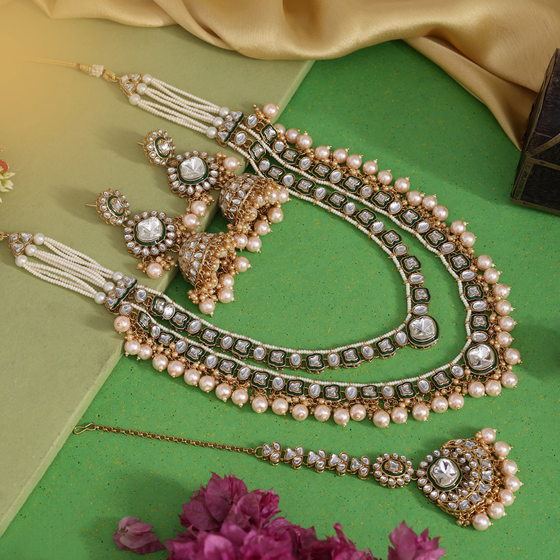 Gold Color Meena Work Kundan Necklace Set