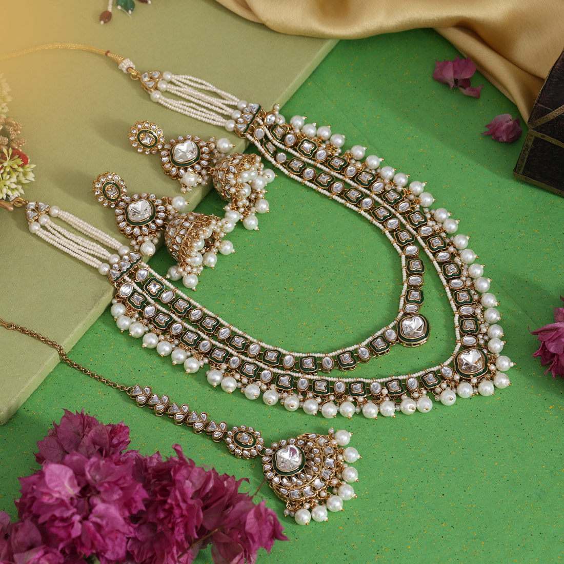 White Color Royal Meena Work Kundan Necklace Set