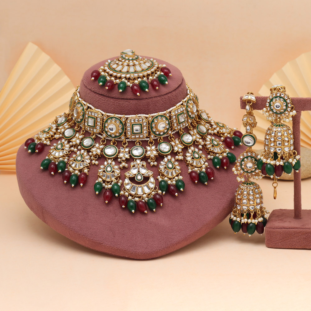 Maroon & Green Color Meena Work Trendy Kundan Necklace Set
