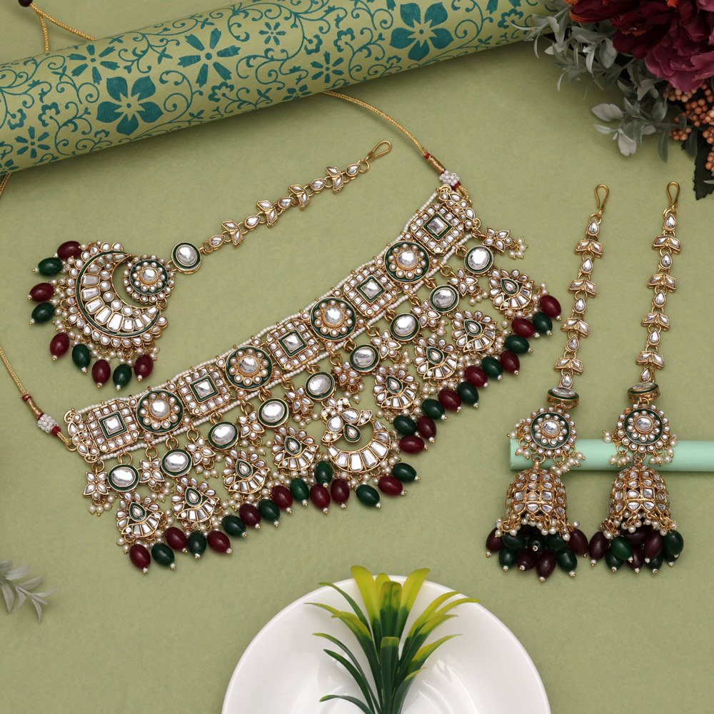 Maroon & Green Color Meena Work Trendy Kundan Necklace Set