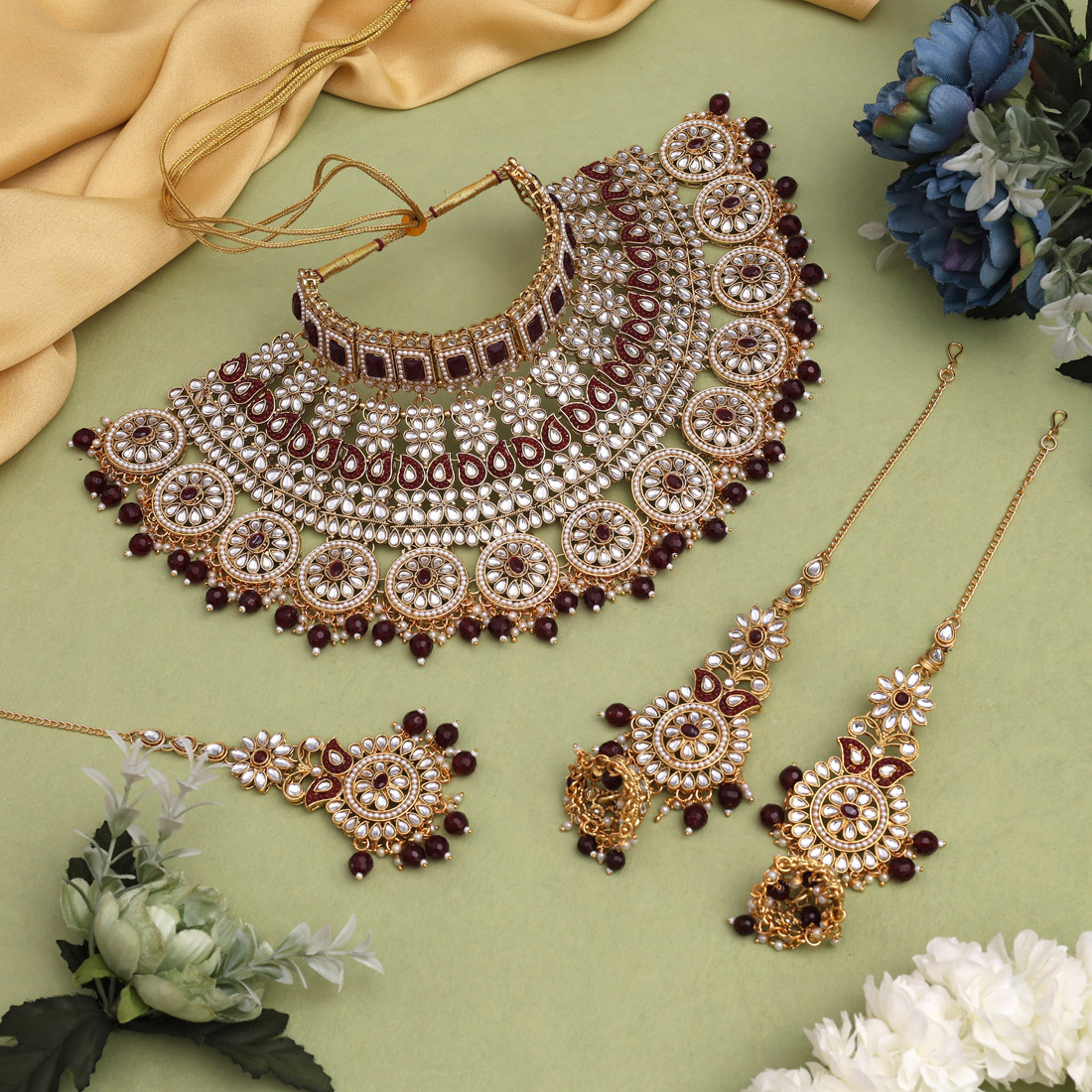 Maroon Color Kundan Dulhan Set