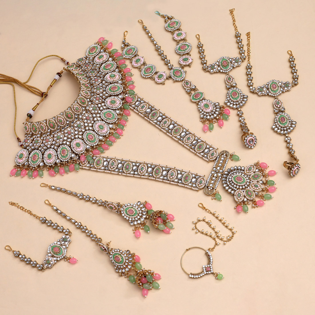 Pink & Pista Green Color Kundan Dulhan Set